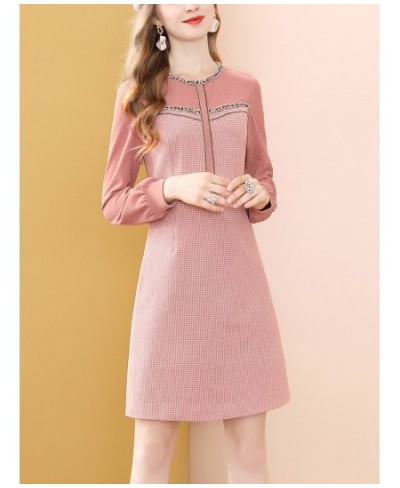 Fashion Pink Long Sleeve Dress Winter High Waist Tweed French Women Party A-Line Dresses Knee Length Holiday Vestidos $55.46 ...