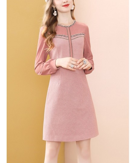 Fashion Pink Long Sleeve Dress Winter High Waist Tweed French Women Party A-Line Dresses Knee Length Holiday Vestidos $55.46 ...