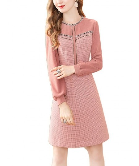 Fashion Pink Long Sleeve Dress Winter High Waist Tweed French Women Party A-Line Dresses Knee Length Holiday Vestidos $55.46 ...