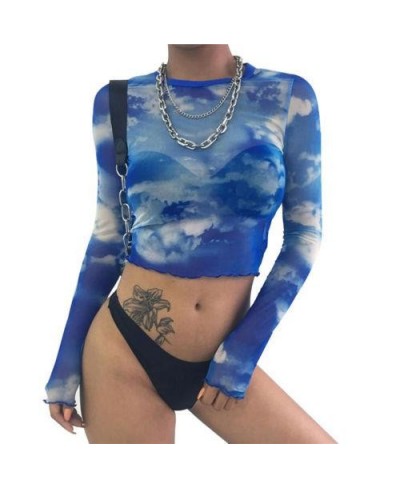 New Women Casual Summer Sky Printed Mesh Crop Top Long Sleeve Round Neck Beachwear Blouse Ladies Slim Print Crop Top Shirt $2...