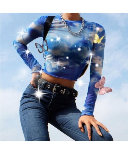 New Women Casual Summer Sky Printed Mesh Crop Top Long Sleeve Round Neck Beachwear Blouse Ladies Slim Print Crop Top Shirt $2...