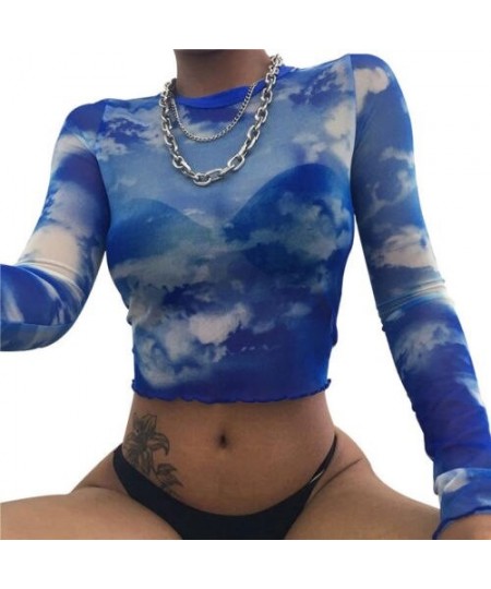 New Women Casual Summer Sky Printed Mesh Crop Top Long Sleeve Round Neck Beachwear Blouse Ladies Slim Print Crop Top Shirt $2...