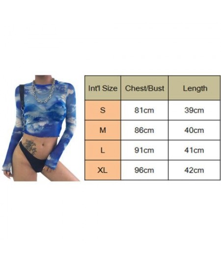 New Women Casual Summer Sky Printed Mesh Crop Top Long Sleeve Round Neck Beachwear Blouse Ladies Slim Print Crop Top Shirt $2...