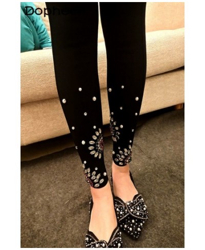 Thick Fleece Outer Wear Black Leggings Women Rhinestone Pearl Cropped Skinny Pants Autumn Winter Stretch Slim Jeans High Stre...