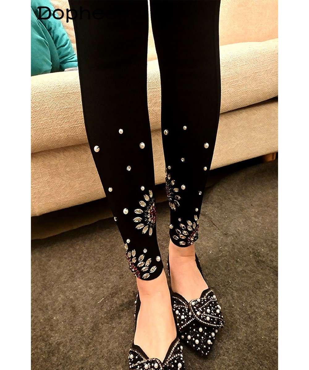 Thick Fleece Outer Wear Black Leggings Women Rhinestone Pearl Cropped Skinny Pants Autumn Winter Stretch Slim Jeans High Stre...