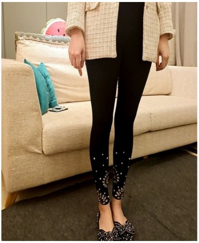 Thick Fleece Outer Wear Black Leggings Women Rhinestone Pearl Cropped Skinny Pants Autumn Winter Stretch Slim Jeans High Stre...