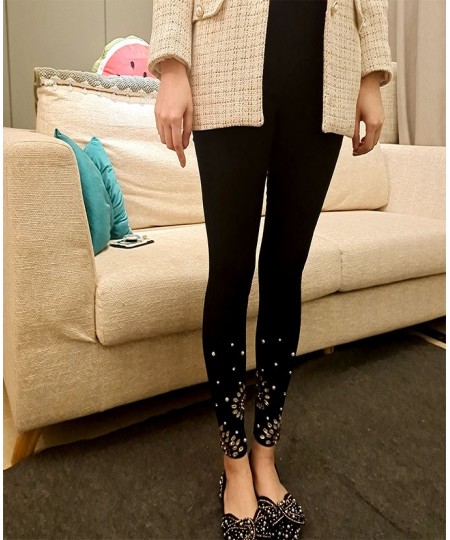 Thick Fleece Outer Wear Black Leggings Women Rhinestone Pearl Cropped Skinny Pants Autumn Winter Stretch Slim Jeans High Stre...