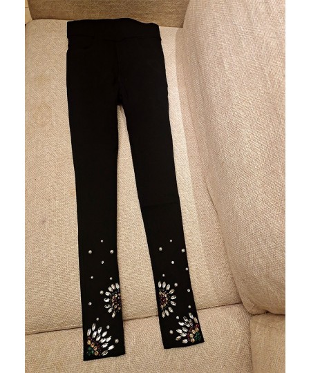 Thick Fleece Outer Wear Black Leggings Women Rhinestone Pearl Cropped Skinny Pants Autumn Winter Stretch Slim Jeans High Stre...