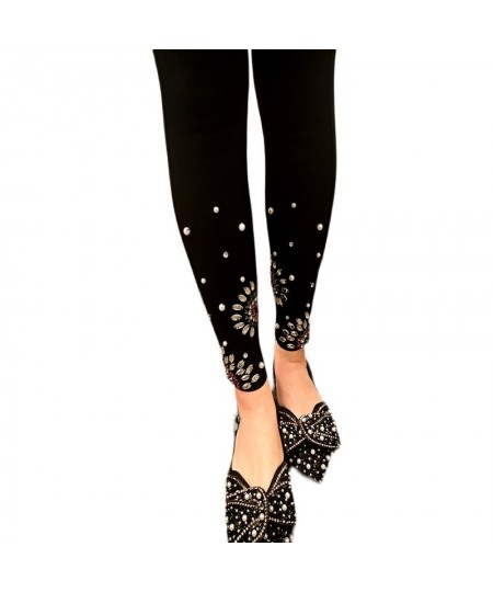 Thick Fleece Outer Wear Black Leggings Women Rhinestone Pearl Cropped Skinny Pants Autumn Winter Stretch Slim Jeans High Stre...