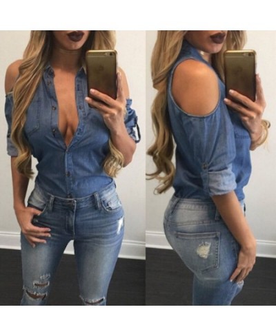 Blue Pocket Loose Casual Top Long Sleeve Denim Blouse Women Shirt Sexy Off Shoulder Blouse $36.90 - Blouses & Shirts