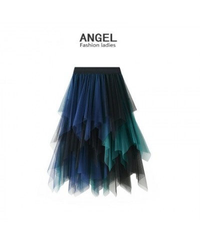 Green Patchwork Irregular Tulle Skirt Women 2022 New Spring Summer High Waist Midi Long Tutu Skirt Female Jupe Longue $31.34 ...