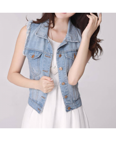 Spring Denim Vest Casual Coat Vintage Jean Cardigan Female Clothing Women Sleeveless Turn-down Collar Breasted Denim Jacket $...