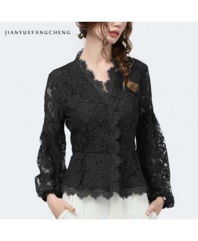 Women Lace Blouses Close-fitting Tops Long Sleeve V-Neck Hollow Out Hook Floral Solid Color Elegant Vintage Ladies Casual $80...