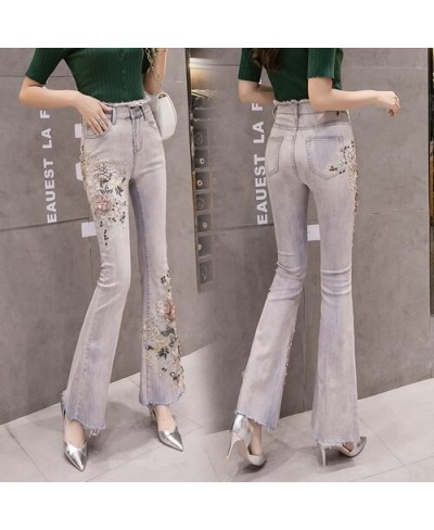 Flare Pants Women New 2023 Summer Autumn Skinny Denim Jeans Pants Pearls 3D Flower Embroidery Sequined Long Pants Trousers $4...