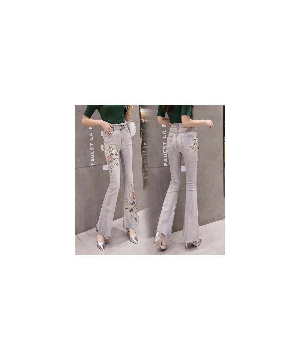 Flare Pants Women New 2023 Summer Autumn Skinny Denim Jeans Pants Pearls 3D Flower Embroidery Sequined Long Pants Trousers $4...