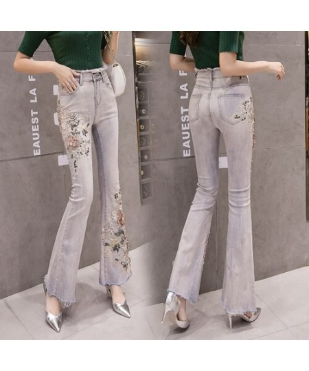 Flare Pants Women New 2023 Summer Autumn Skinny Denim Jeans Pants Pearls 3D Flower Embroidery Sequined Long Pants Trousers $4...