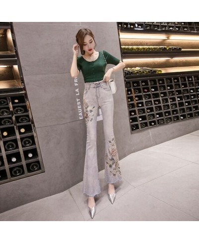 Flare Pants Women New 2023 Summer Autumn Skinny Denim Jeans Pants Pearls 3D Flower Embroidery Sequined Long Pants Trousers $4...