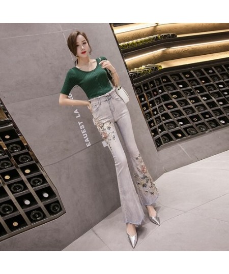 Flare Pants Women New 2023 Summer Autumn Skinny Denim Jeans Pants Pearls 3D Flower Embroidery Sequined Long Pants Trousers $4...