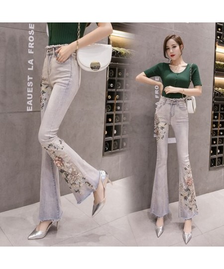 Flare Pants Women New 2023 Summer Autumn Skinny Denim Jeans Pants Pearls 3D Flower Embroidery Sequined Long Pants Trousers $4...