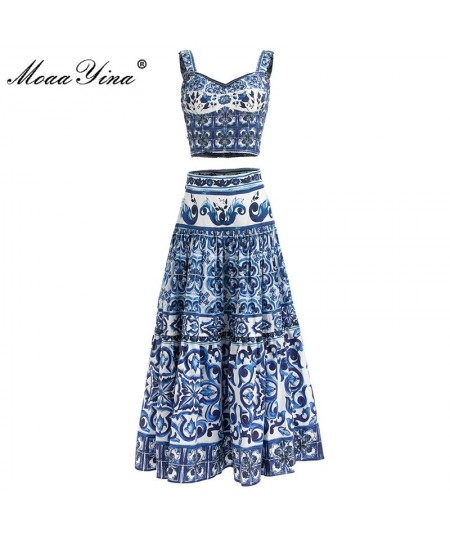 Designer Summer Skirts Suit Women Short Camis Corset Top＋Blue and White Porcelain Print Vacation Skirts 2 Pieces Set $100.73 ...