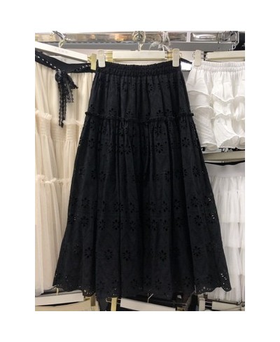 Spring Embroidered Crochet Lace A-line Long Cotton Skirt Sweet Hollow Out Floral Calf Long Pleated Skirt Rose Pink Green $50....