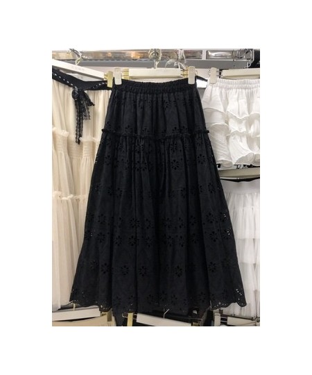 Spring Embroidered Crochet Lace A-line Long Cotton Skirt Sweet Hollow Out Floral Calf Long Pleated Skirt Rose Pink Green $50....