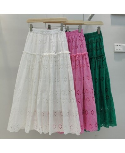 Spring Embroidered Crochet Lace A-line Long Cotton Skirt Sweet Hollow Out Floral Calf Long Pleated Skirt Rose Pink Green $50....