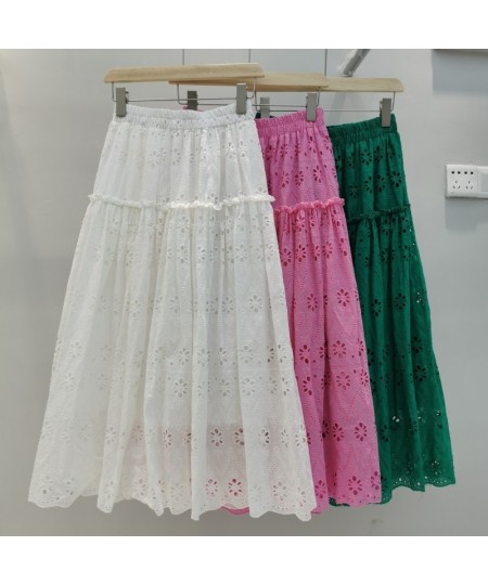 Spring Embroidered Crochet Lace A-line Long Cotton Skirt Sweet Hollow Out Floral Calf Long Pleated Skirt Rose Pink Green $50....