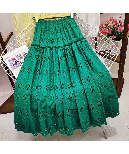 Spring Embroidered Crochet Lace A-line Long Cotton Skirt Sweet Hollow Out Floral Calf Long Pleated Skirt Rose Pink Green $50....