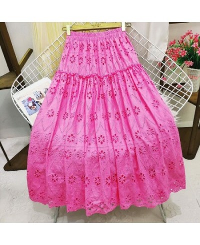 Spring Embroidered Crochet Lace A-line Long Cotton Skirt Sweet Hollow Out Floral Calf Long Pleated Skirt Rose Pink Green $50....