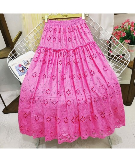 Spring Embroidered Crochet Lace A-line Long Cotton Skirt Sweet Hollow Out Floral Calf Long Pleated Skirt Rose Pink Green $50....