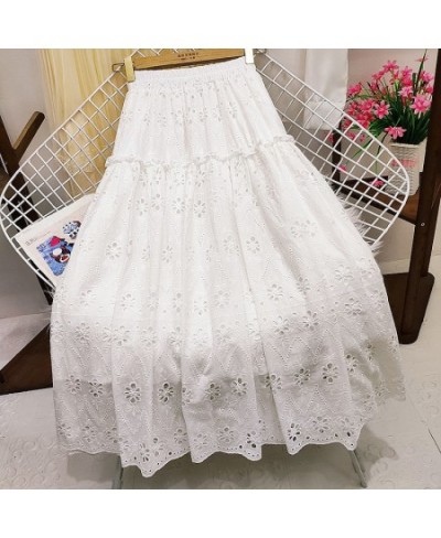 Spring Embroidered Crochet Lace A-line Long Cotton Skirt Sweet Hollow Out Floral Calf Long Pleated Skirt Rose Pink Green $50....