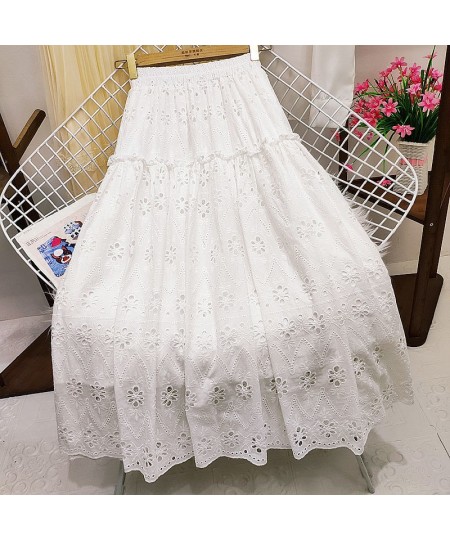 Spring Embroidered Crochet Lace A-line Long Cotton Skirt Sweet Hollow Out Floral Calf Long Pleated Skirt Rose Pink Green $50....