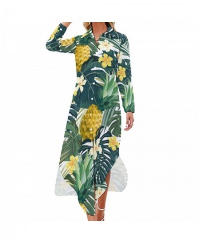 Tropical Floral Print Chiffon Dress Parrot & Leaf Cute Dresses Women Long Sleeve Stylish V Neck Printed Oversized Casual Dres...