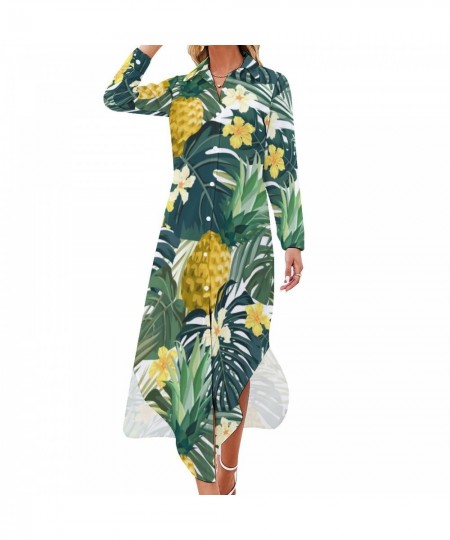 Tropical Floral Print Chiffon Dress Parrot & Leaf Cute Dresses Women Long Sleeve Stylish V Neck Printed Oversized Casual Dres...