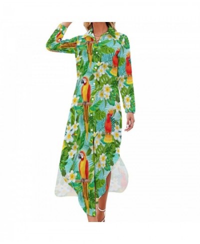 Tropical Floral Print Chiffon Dress Parrot & Leaf Cute Dresses Women Long Sleeve Stylish V Neck Printed Oversized Casual Dres...