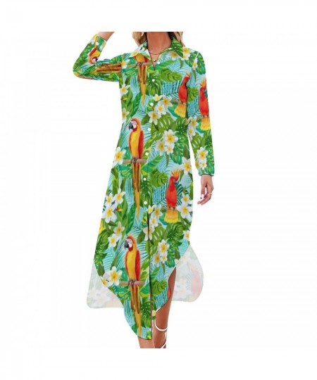 Tropical Floral Print Chiffon Dress Parrot & Leaf Cute Dresses Women Long Sleeve Stylish V Neck Printed Oversized Casual Dres...