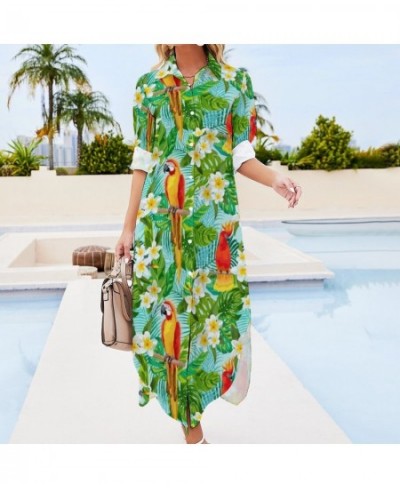 Tropical Floral Print Chiffon Dress Parrot & Leaf Cute Dresses Women Long Sleeve Stylish V Neck Printed Oversized Casual Dres...