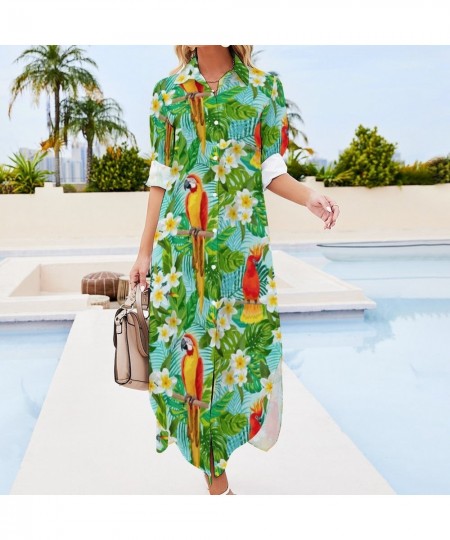 Tropical Floral Print Chiffon Dress Parrot & Leaf Cute Dresses Women Long Sleeve Stylish V Neck Printed Oversized Casual Dres...