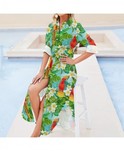 Tropical Floral Print Chiffon Dress Parrot & Leaf Cute Dresses Women Long Sleeve Stylish V Neck Printed Oversized Casual Dres...