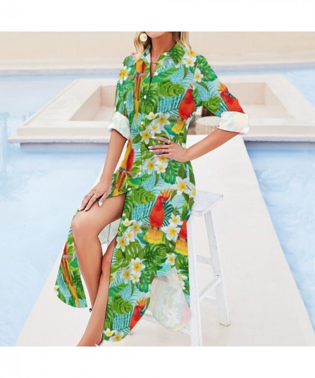 Tropical Floral Print Chiffon Dress Parrot & Leaf Cute Dresses Women Long Sleeve Stylish V Neck Printed Oversized Casual Dres...