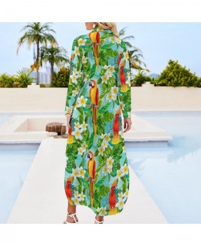 Tropical Floral Print Chiffon Dress Parrot & Leaf Cute Dresses Women Long Sleeve Stylish V Neck Printed Oversized Casual Dres...