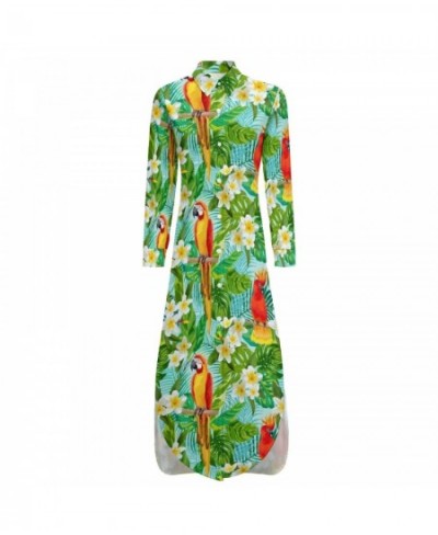 Tropical Floral Print Chiffon Dress Parrot & Leaf Cute Dresses Women Long Sleeve Stylish V Neck Printed Oversized Casual Dres...