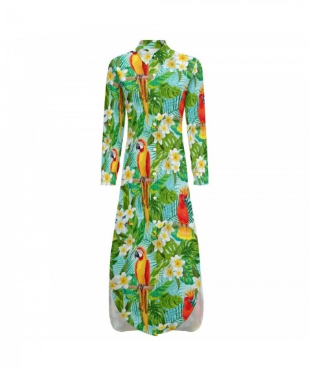 Tropical Floral Print Chiffon Dress Parrot & Leaf Cute Dresses Women Long Sleeve Stylish V Neck Printed Oversized Casual Dres...