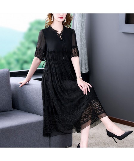 New 2022 Spring Fashion Runway Black Dresses Women's Lantern sleeve Lace Embroidered Patchwork Midi Party Dress $68.19 - Dresses