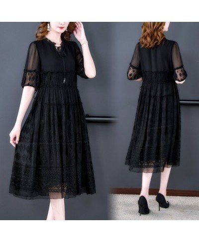 New 2022 Spring Fashion Runway Black Dresses Women's Lantern sleeve Lace Embroidered Patchwork Midi Party Dress $68.19 - Dresses