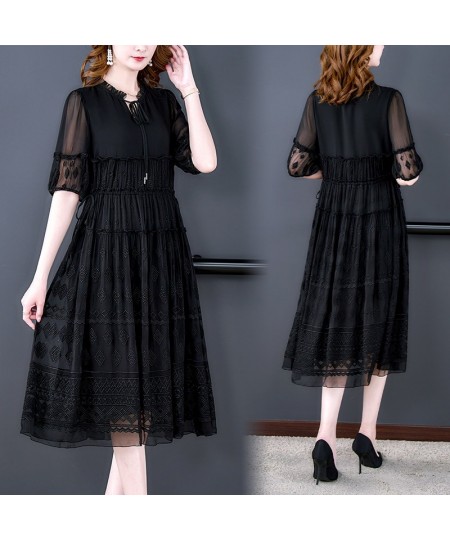 New 2022 Spring Fashion Runway Black Dresses Women's Lantern sleeve Lace Embroidered Patchwork Midi Party Dress $68.19 - Dresses