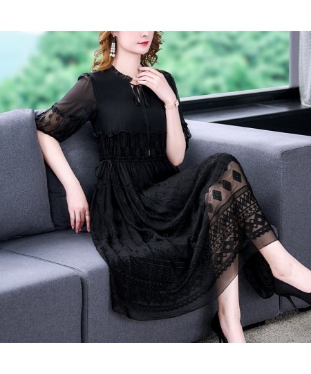 New 2022 Spring Fashion Runway Black Dresses Women's Lantern sleeve Lace Embroidered Patchwork Midi Party Dress $68.19 - Dresses