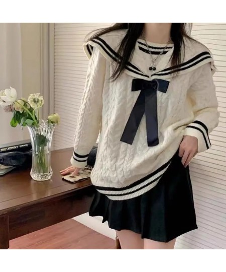 Navy Sailor Collar Sweater Kawaii Long Sleeve Jumpers Korean Style 2023 Casual Vintage Knitwear Lazy Oaf College Clothes $50....