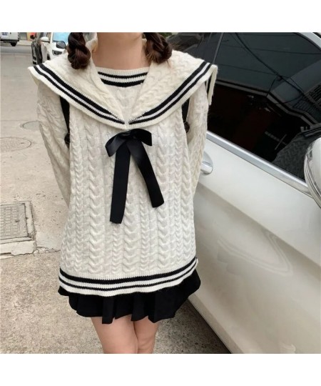 Navy Sailor Collar Sweater Kawaii Long Sleeve Jumpers Korean Style 2023 Casual Vintage Knitwear Lazy Oaf College Clothes $50....